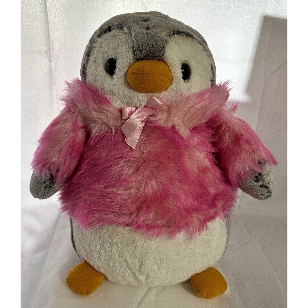 Aurora Gray Penguin Pink White Fluffy Coat Sweater Ribbon Bow Stuffed Plush 18”